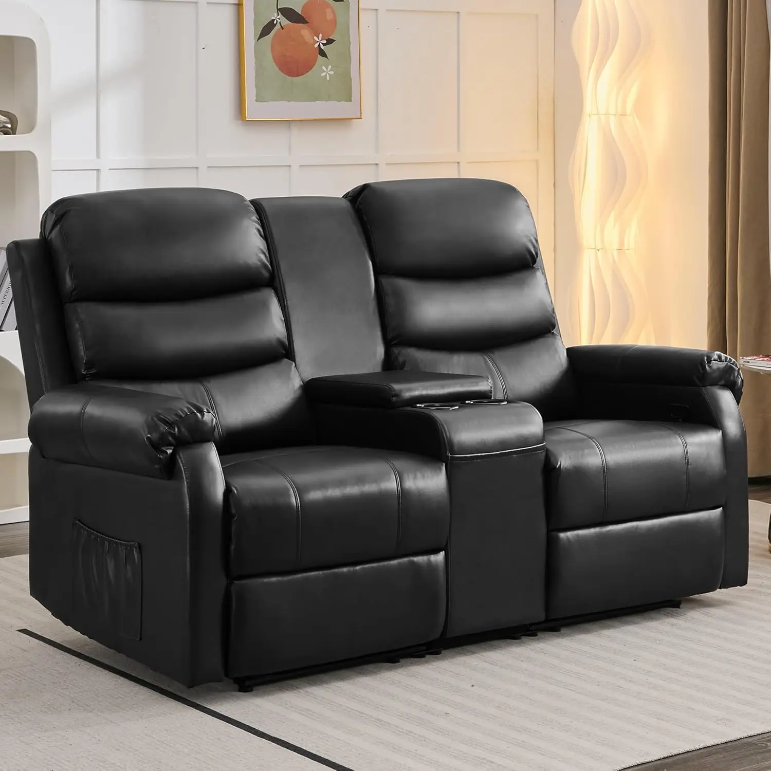 Reclining Loveseat Sofa, Faux Leather Double Reclining RV Loveseat Couch with Console, Manual 2 Person Recliner