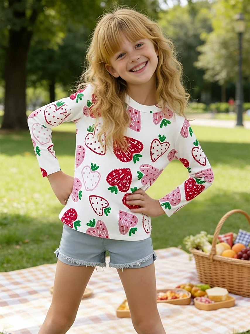 

2026 Girls Strawberry Printed Long Sleeve, Casual Versatile Children's Long Sleeve