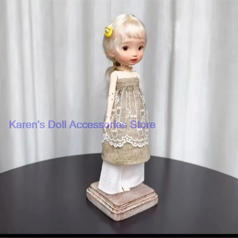 2pcs linen lace off-shoulder dress + white wide-leg pants for landoudou/Blythe(Fit for Lulu,ymy24,Ob22,24,26,zone, Jenny)