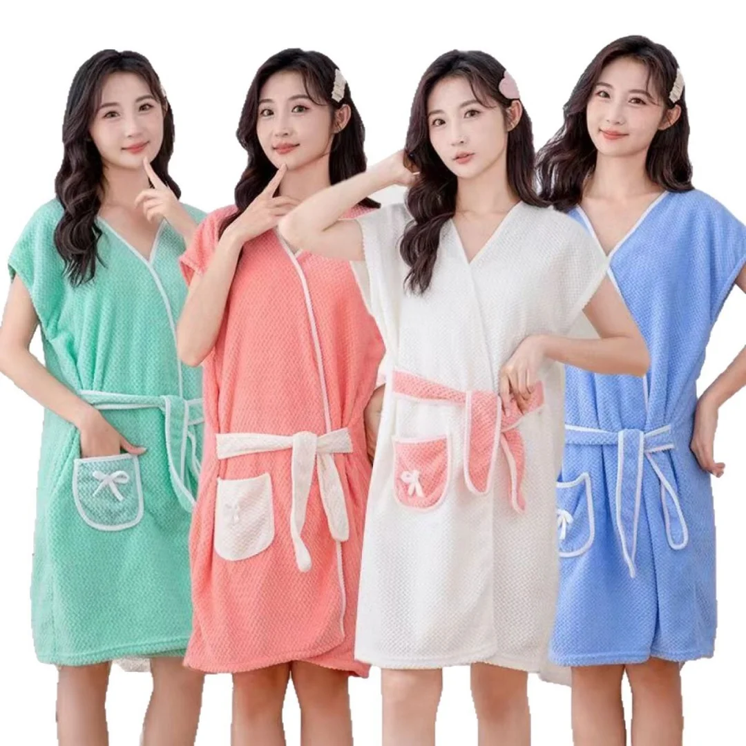 Women's Bathrobe Coral Fleece Fashion Strap Wearable Bathrobe Soft Absorbent Fast Drying  Beach Spa Breathable Adult Bath Towel