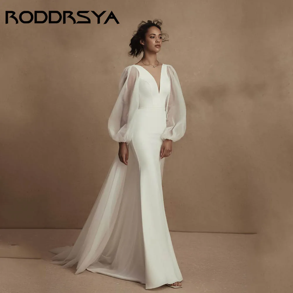 

RODDRSYA Minimalist Bridal Gowns Long Puff Sleeves V-neck Open Back Wedding Dresses Mermaid Satin vestidos de novia Customized