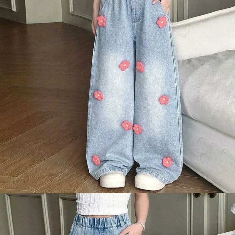

Детские джинсы с высокой талией для девочек, модные, новые, свободные, с цветочным принтом, широкие штанины