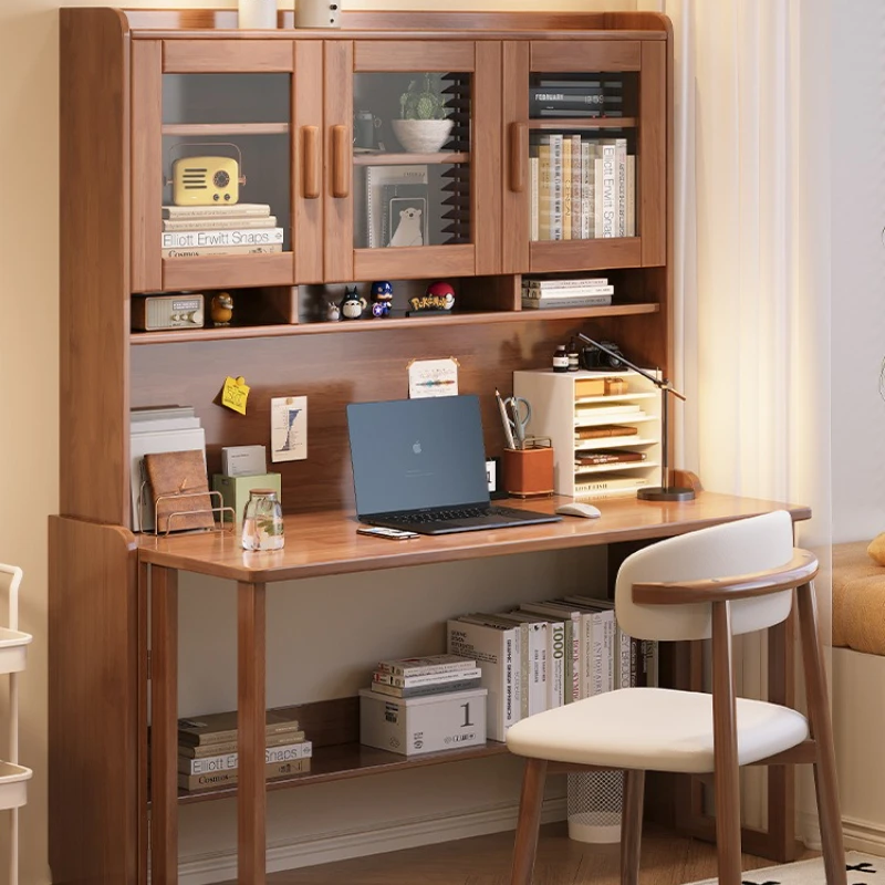 Escritorio retráctil de una sola pieza para ordenador, mesita de noche para dormitorio, estantería de madera maciza integrada, simple