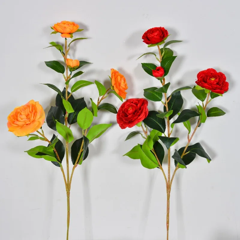 10-個造花シルクオレンジ椿植物造花シミュレーション-4-ヘッド椿枝ショッピングモール装飾