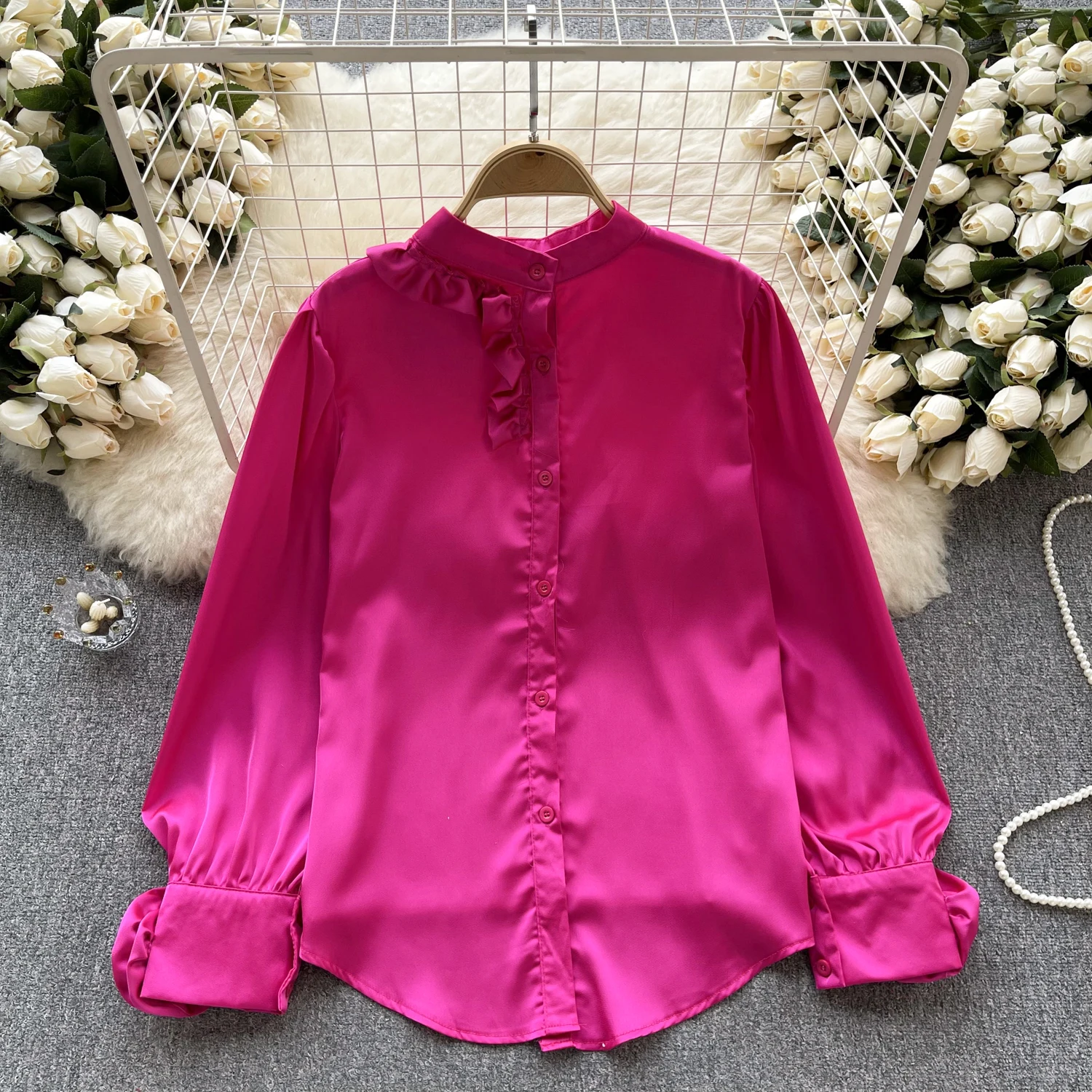 Basics Long Sleeve O-neck Vintage Single Breasted Chic Three-dimensional Floral Satin Top French High Street Autumn Women Blouse