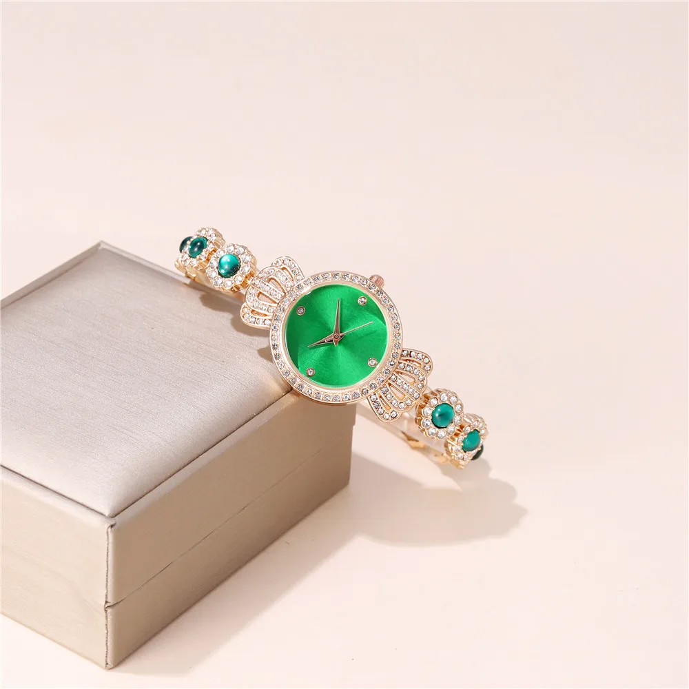 fashion blingbling rhinestone quartz green steel bracelet watch