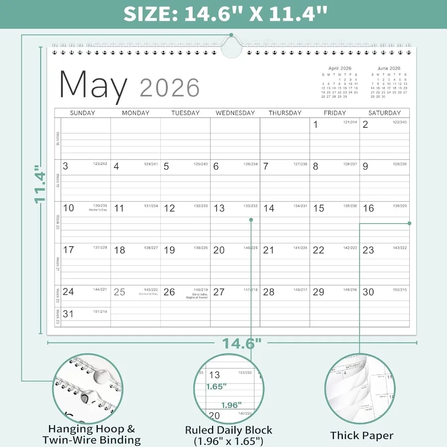 2026 Wall Calendar 2026 Calendar from Jan. 2026 Dec. 2026 14.6" x 11.4" 12 Months Wall Calendar 2026 Thick Paper TwinWire Bindi