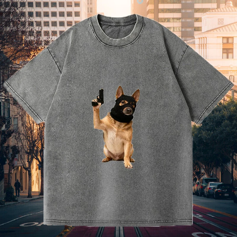 

Unisex Washed Vintage Cotton T-Shirt, High-street Oversized Tee with Masked Dog Print, Short Sleeve, 5 Colors Available, S-XXXL