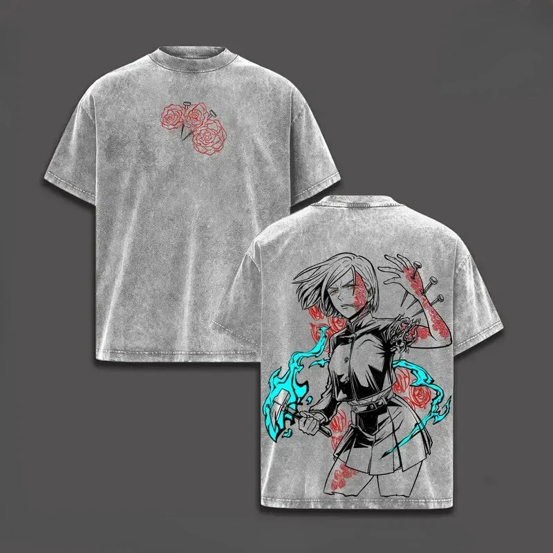 Kugisaki Nobara Printed Tee Anime Jujutsu Kaisen Clothing Men Women Retro Washed T-shirts Cotton Tshirt Harajuku Male T Shirt