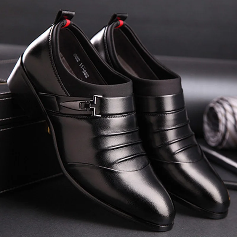 Classic Men Dress Shoes Slip on Black Leather Shoes for Men Point Toe Business Casual Men Formal Shoes for Wedding