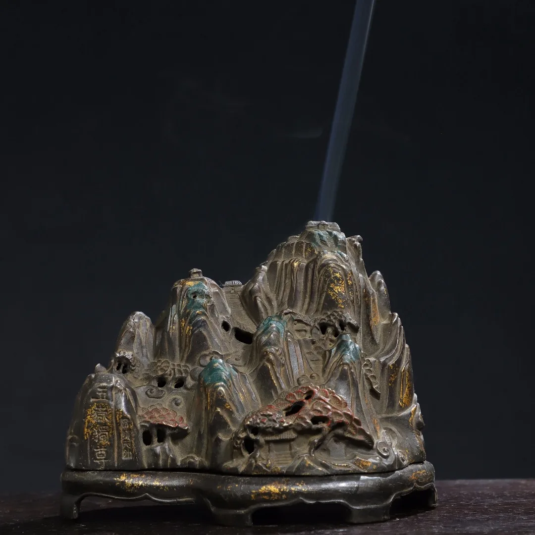 6-дюймовая коллекция тибетского храма, старая бронза, киноварь, грязь, золото, подошва с пятью горами, крепление чести, тайшань, пейзажная курильница