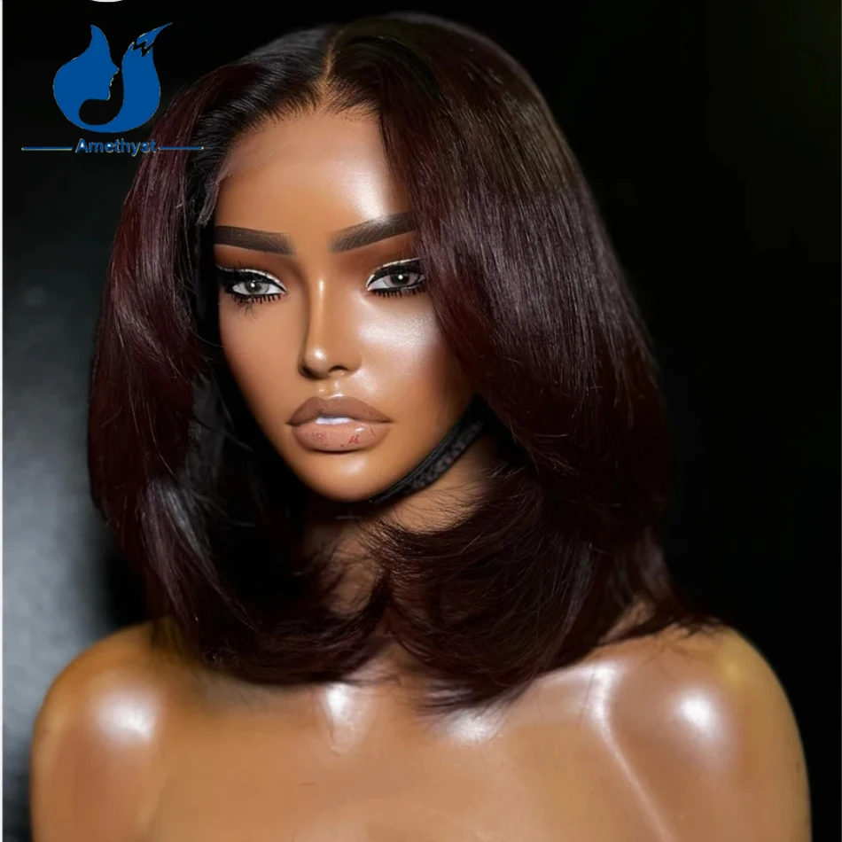 Amethyst 99J Layer Face Framing Wave Bob Wig Human Hair for Women 13X6 Lace Front Wig Pre Plucked Burgundy Short Bob Remy Hair