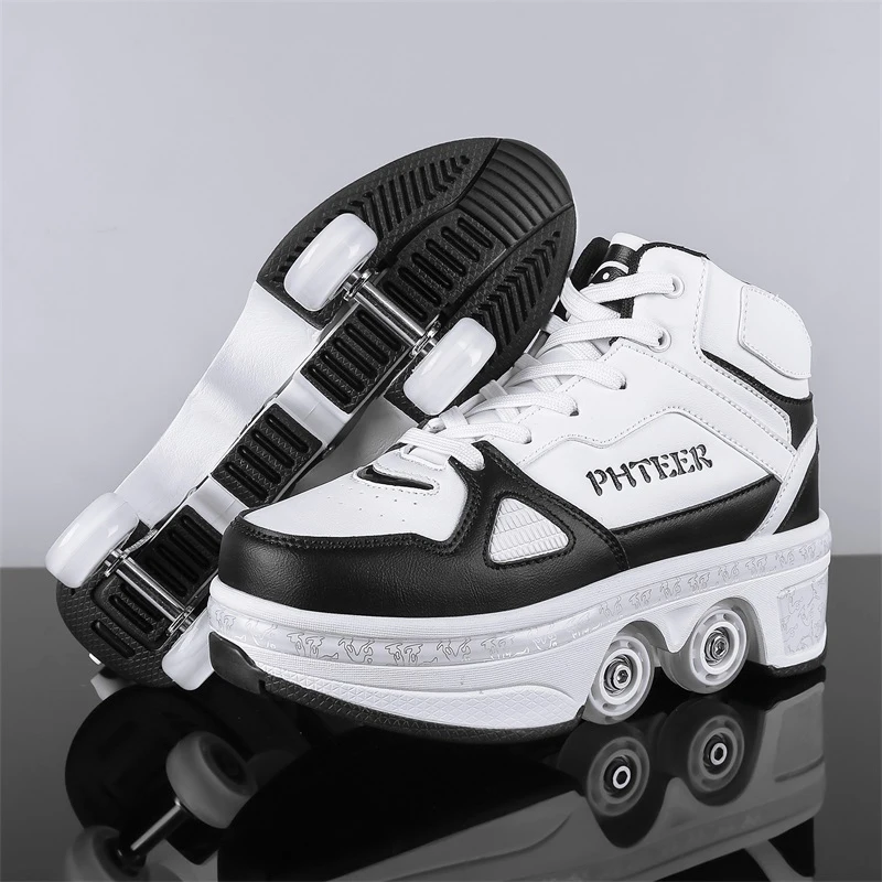 Boys Girls Rage Shoes Four Wheel Student Edition Kids Roller Skating Shoes with Retractable Wheels Adult Walking Skating Shoe