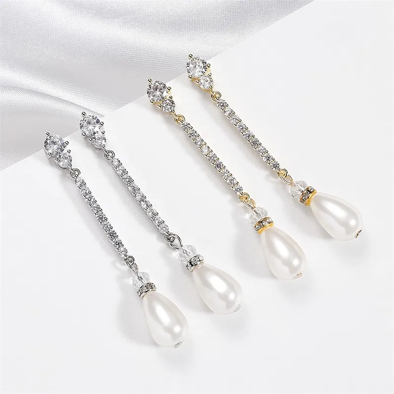 ZAKOL Elegant White Imitation Pearls Drop Earrings for Women Delicate Shiny CZ Zircon Long Earring Bridal Wedding Jewelry