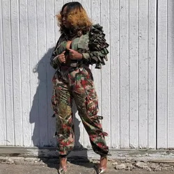 Cascading Ruffles Camouflage Print Crop Jackets Top Women Fashion Turn Down Collar Long Sleeve Single Breasted Casual Coats