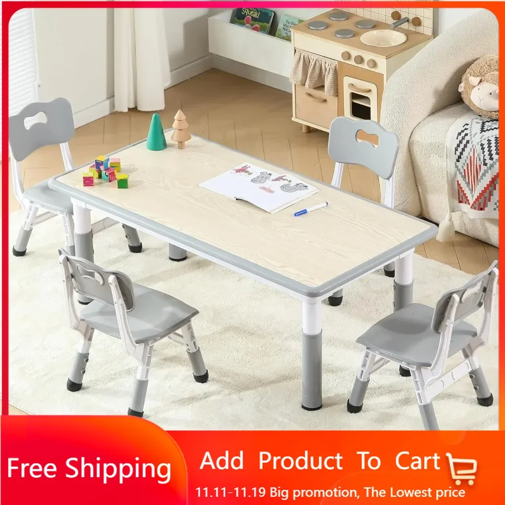 

Kids Table and 4 Chairs Set, Height Adjustable Toddler Table and Chairs Set with Rubber Foot Covers, Graffiti Desktop Children