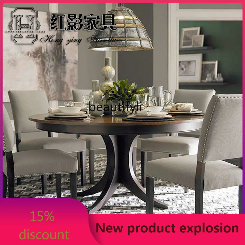

Q132 American rural all-solid wood round dining table, retro and simple, home restaurant dining table small apartment