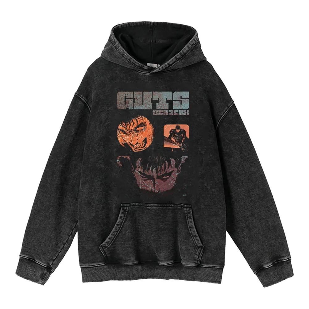 Anime Berserk Hoodie Japanese Cosplay Cotton Adult Men Washed Distressed Black Printed Hoodie Pullover Hooded Sweatshirt Top