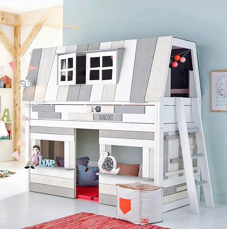 Lovely Cabin Design Children Wooden Bunk Bed With Ladder And Mattress