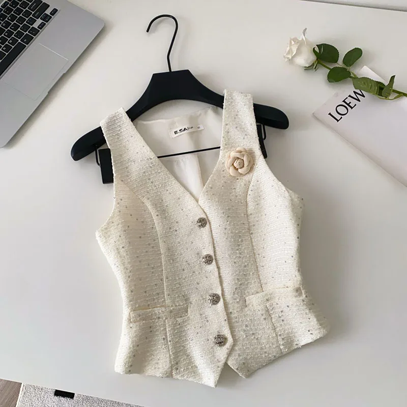 

3D Floral Sequined Vest V Neck Single Breasted Sleeveless Solid Glitter Retro Tops Chic Senior Luxury Ladies Tank Top
