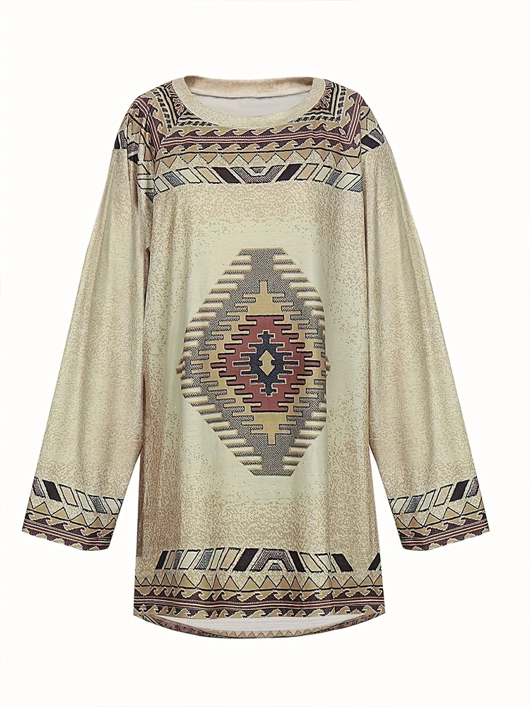 Plus Size Women\'s Vintage Ethnic Style Printed T-shirt Loose Long Sleeves Blouse Casual Crew Neck Tops Sweatshirt Pullover