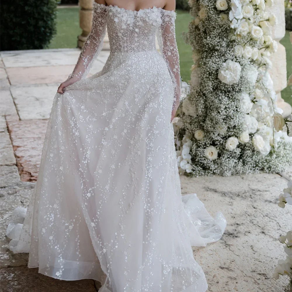Classic Tulle Appliquins Off Shouler Flroal Straight Bride Wedding Dress Bridal Gowns Customized