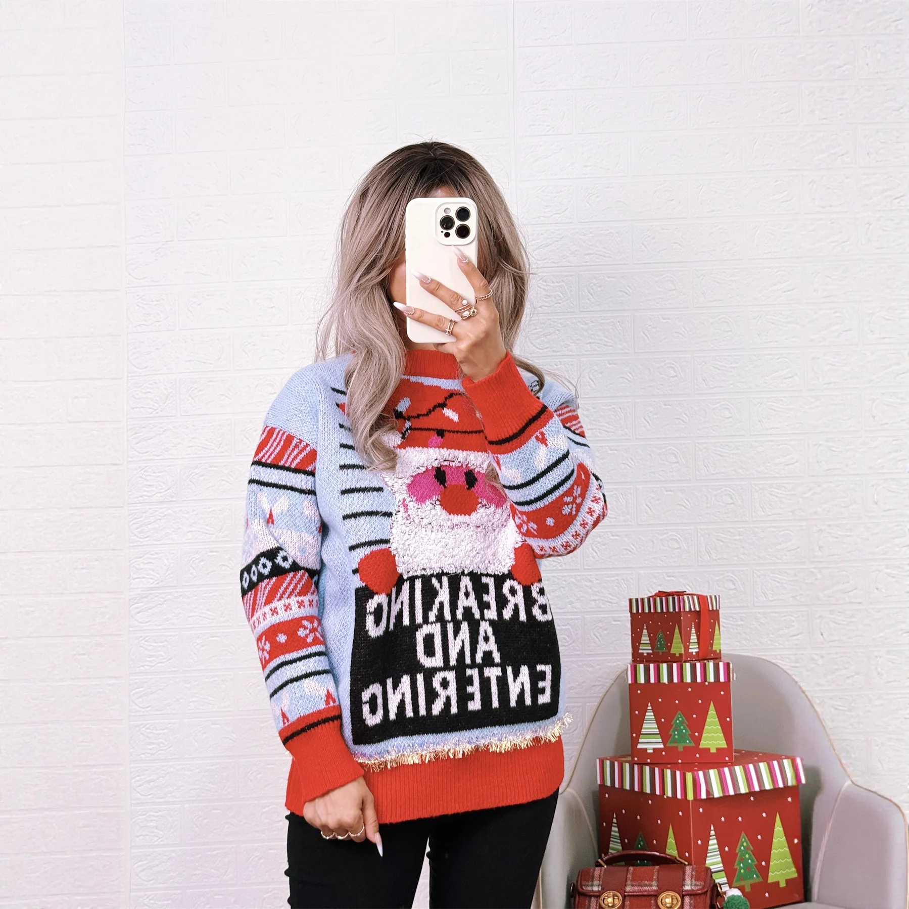 2025 Autumn Winter New Christmas New Jacquard Knitted Top Round Neck Color-Block Casual Unique Sweater 2