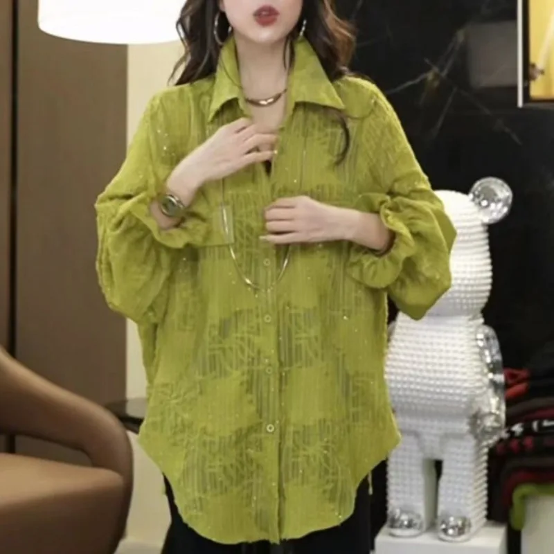 

Leisure Jacquard Women's 2024 Spring and Summer New Turndown Collar Spliced Button Fashion and Versatile Loose Long SleeveShirt