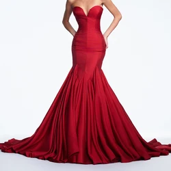 CustomizedSweetheart Sleeveless Satin Mermaid Floor Length Ruffles Zipper Back Solid Color Elegant Evening Dress For Formal Occa