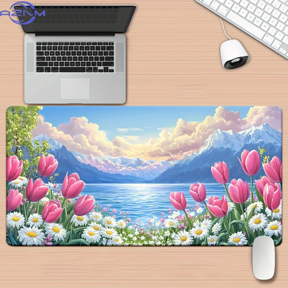 1pc Lake View and Tulips HD Printed Pad for Desk, Multi Functional XXL Mousepad, Keyboard Gaming Mouse Mats, Office Computjavasc