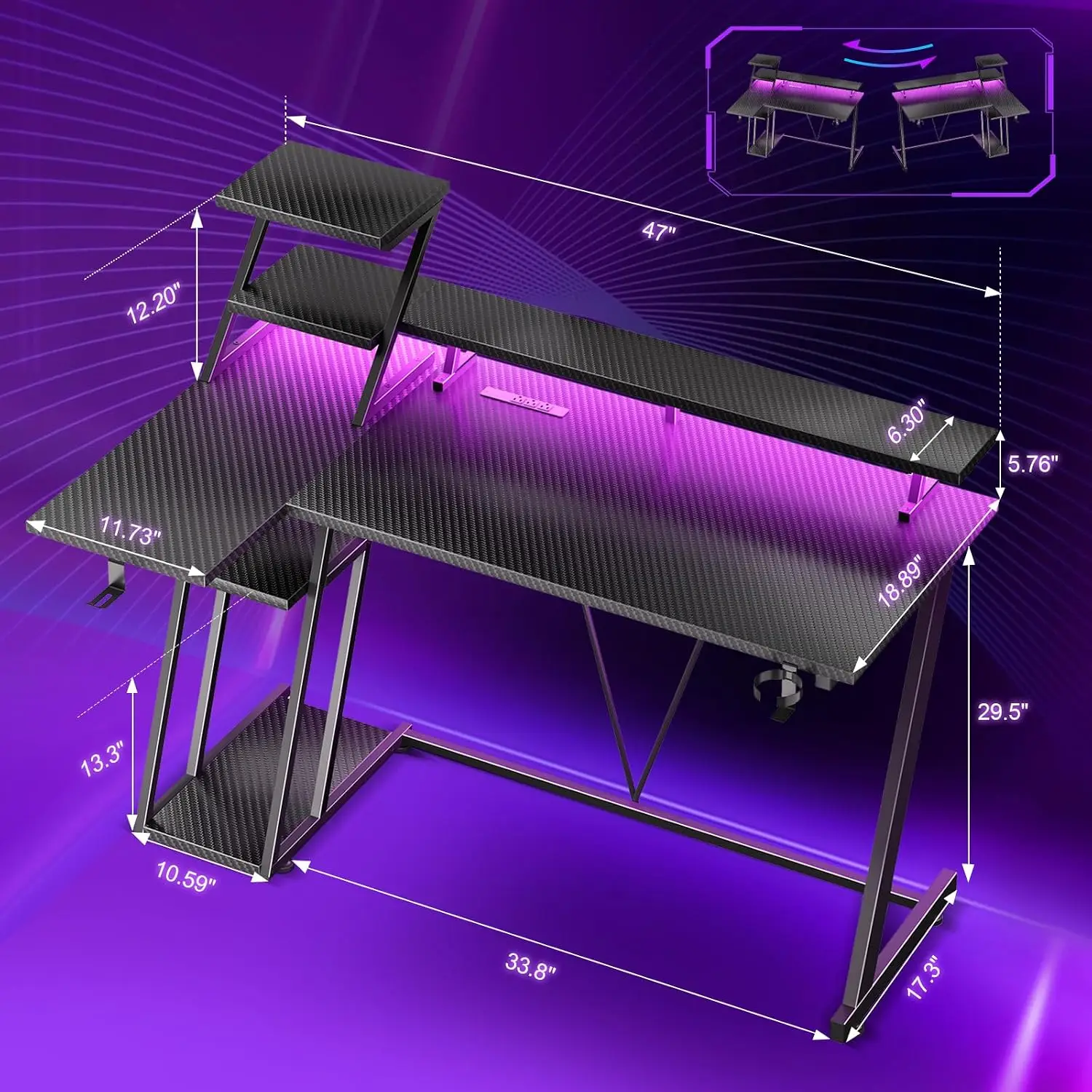 47 Inch Gaming Desk with LED & Power Outlet, Carbon Fiber, Customized