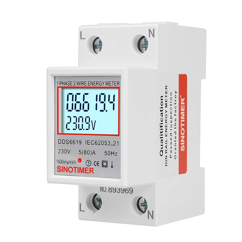 Din Rail Backlight Single Phase Energy Meter Informative KWh Amperage Voltage Current Power AC 220V 230V 80A Electricity Meter