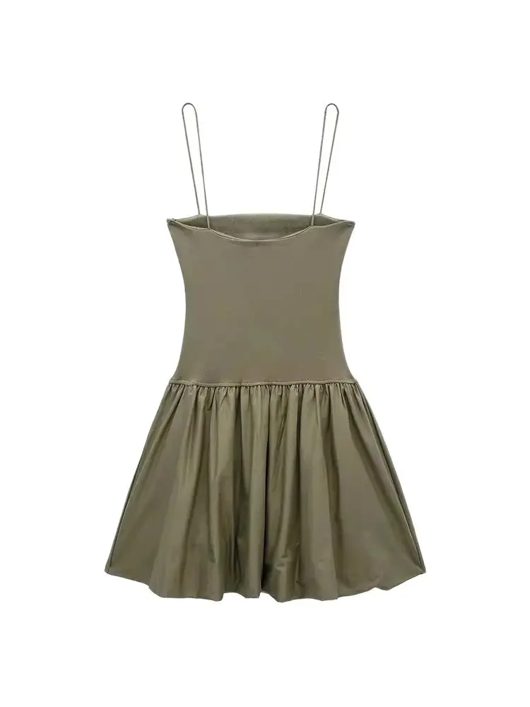 TRZA-Women's Patchwork Ribbed Poplin Puff Mini Dress, Straight Neck, Thin Straps, Female Dresses, Sexy Fashion image 3