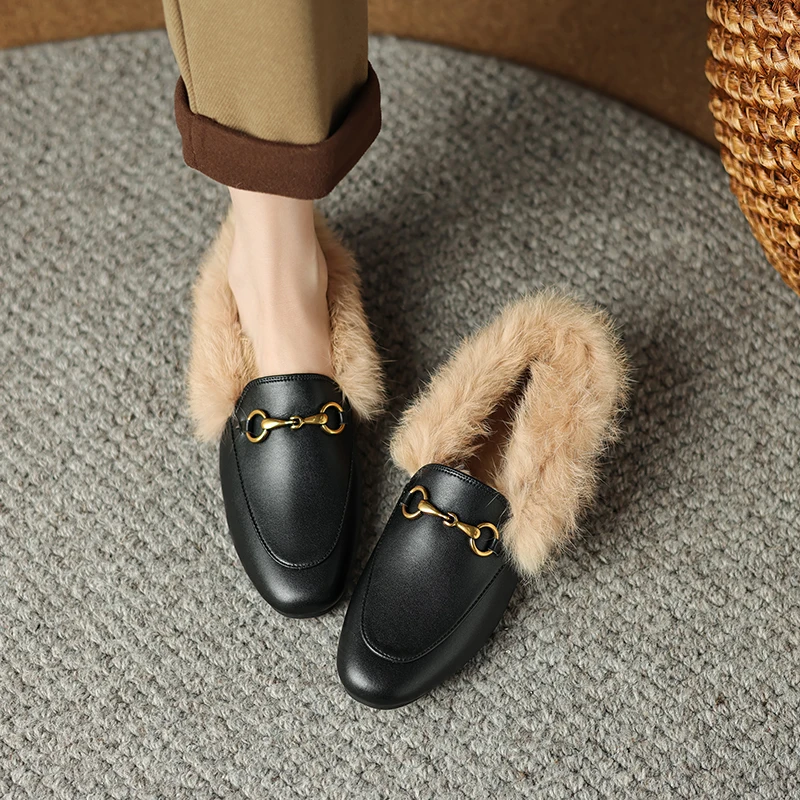 

Fashion Plush Round Head Flats Metal Buckle Women Casual Shoes Outdoor Cover Heels Loafers Slip on Dress Shoes