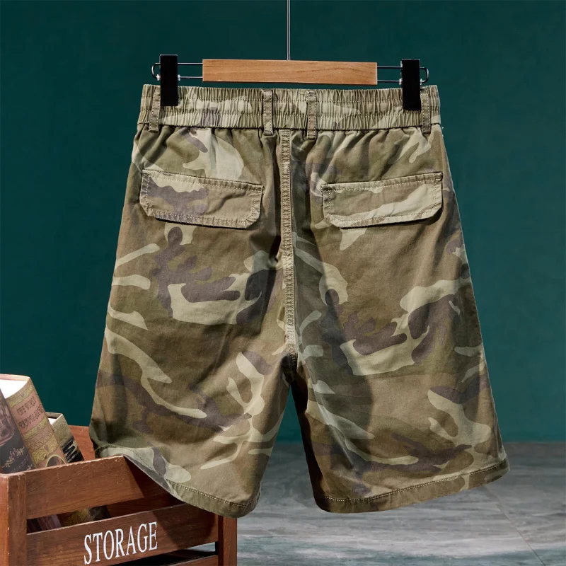 Drawstring elastic waist loose five quarter pants men's summer multi pocket camouflage workwear shorts