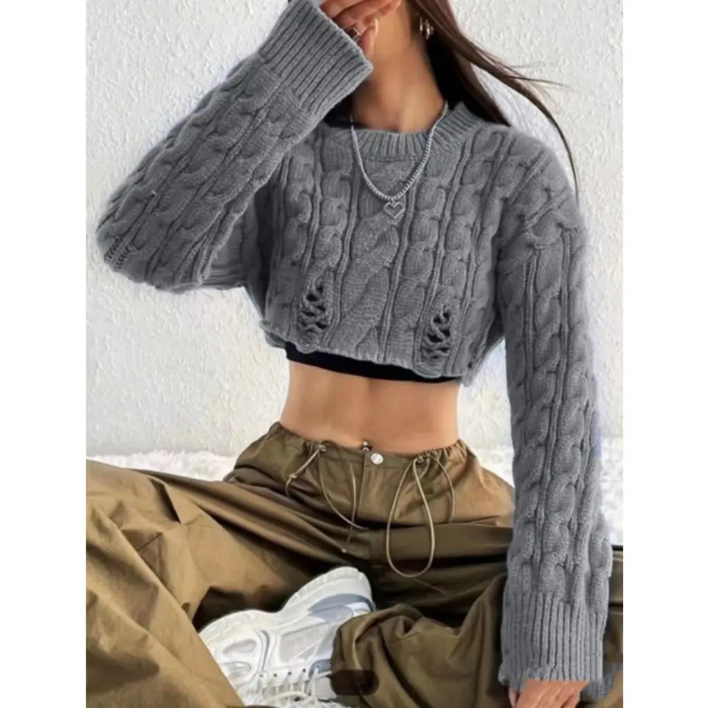 

Women's High Waist Navel-Baring Knitted Top round Neck Hemp Pattern Long-Sleeved Autumn Winter Design Sexy American Style Top