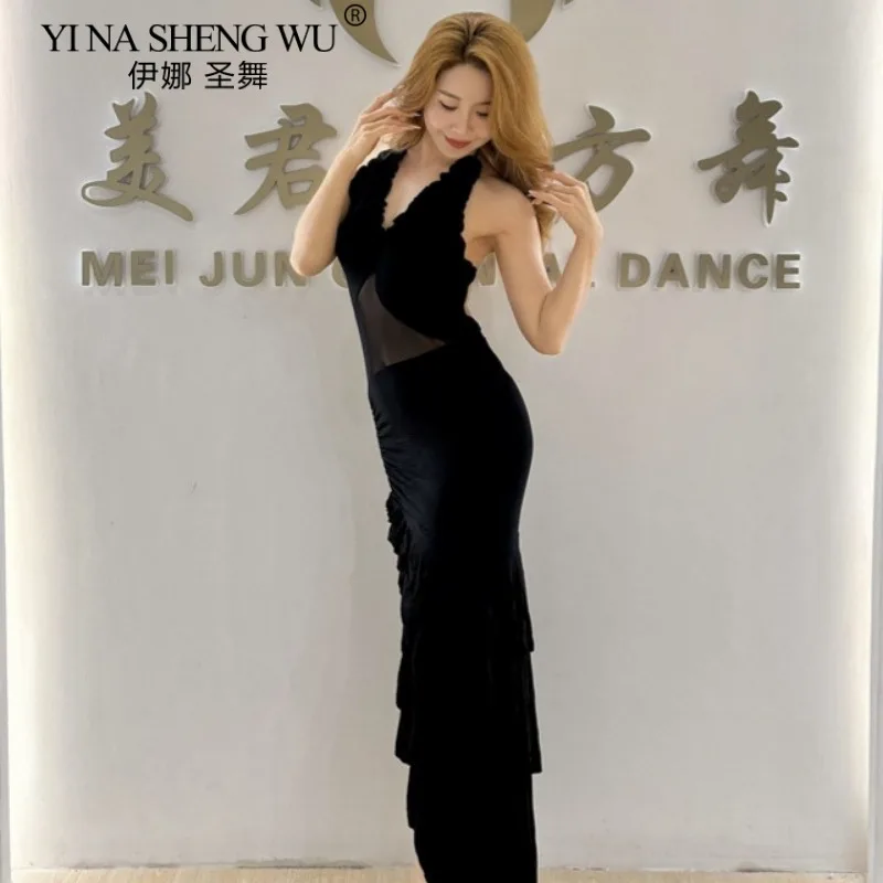 زي الرقص الشرقي فستان الممارسة اللاتينية عارية الذراعين المرقعة شبكة تنورة المرأة أداء الزي السالسا التانغو أداء الملابس #4