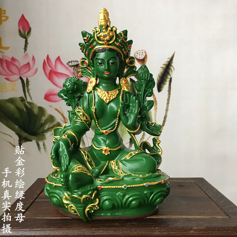 

Green Tara Buddha Statue Resin Painted Green Tara Dola Bodhisattva Tibetan Secret School Guanyin Green Tara Master Ornament