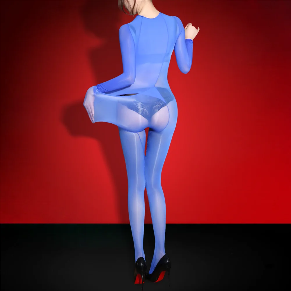 مثير المرأة تأثيري خادمة الجوارب النفط لامعة لامعة ارتداءها 5D رقيقة حريري بذلة الظهر وضع على تشكيل يوتار لون الحلوى