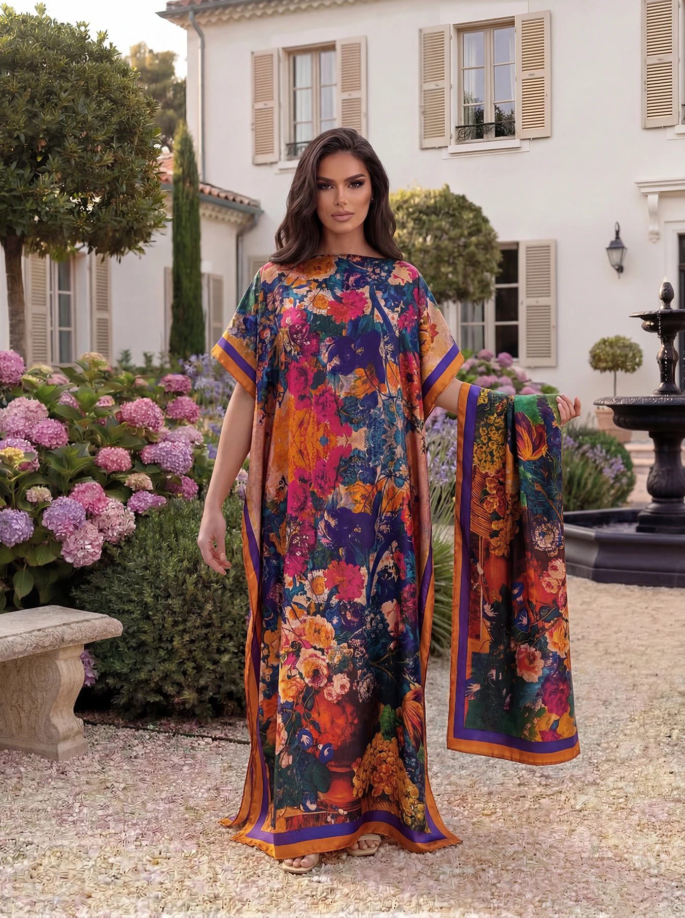 Vibrant Multi-Color Floral Long Kaftan for Women, Elegant Satin Abaya and Matching Scarf Outfit