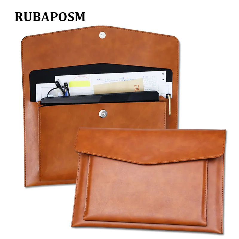 A4 Leather File Folder Document Bag Large Capacity Business Briefcase Magnetic Button Waterproof Laptop Cases Office Organizer