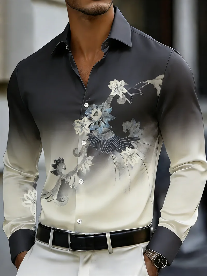 

New 10 color men's retro patterned long sleeved shirt with 3D gradient printing, long sleeved casual daily top clothing