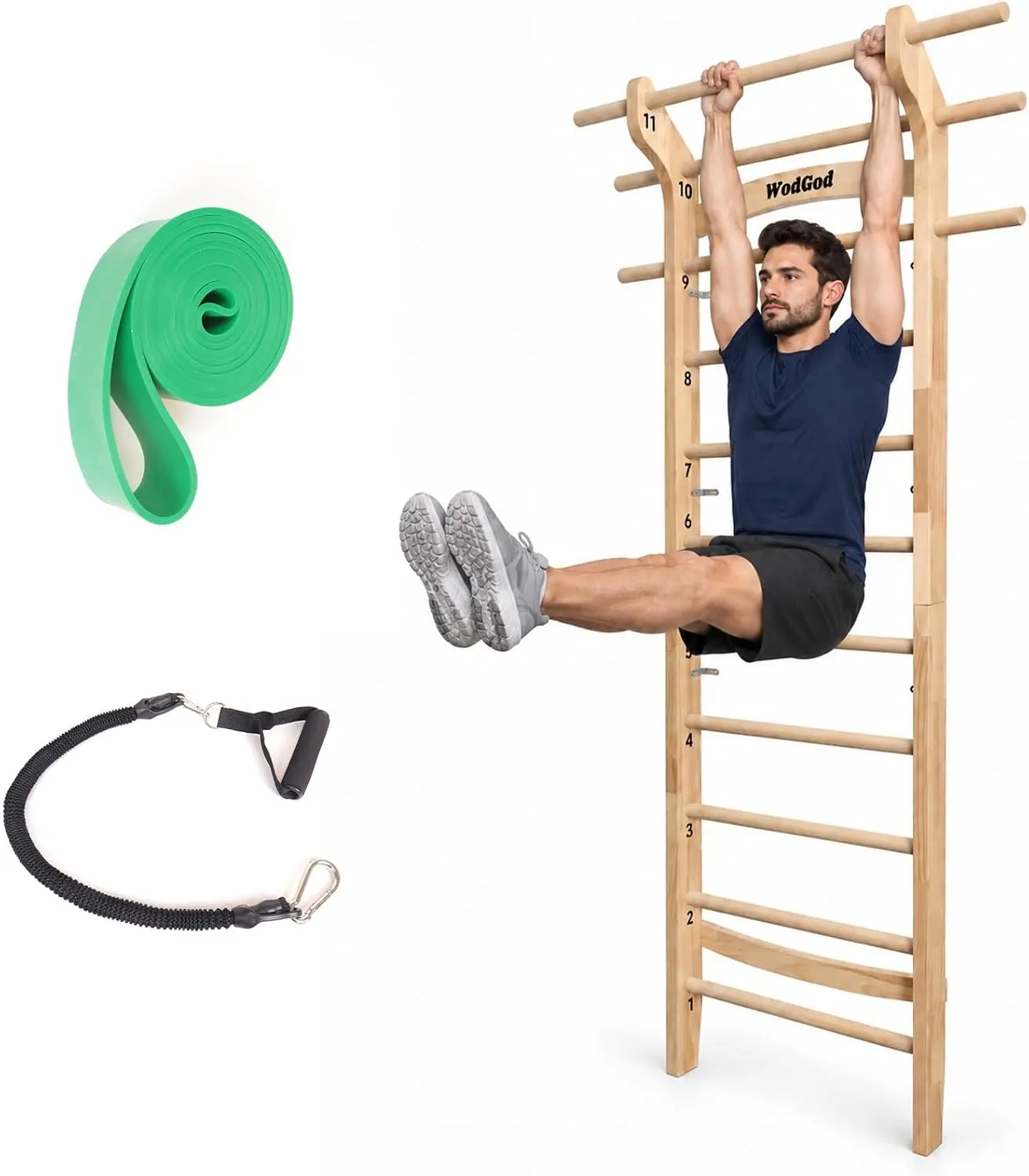 Wood Swedish Ladder Stall Bar with 11 Strategic Rods, Wall Mounted, Supports up to 330 lbs, Includes Exercise Straps, Pull-Up Resistance Band, and Pull-Up Bar, 39.37 x 86.6 Inches, for Stretching and Multiple Exercises in Indoor Home School Gym Fitness