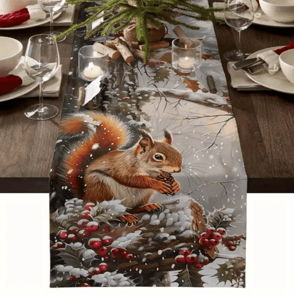 1pc Festive Brown Christmas Table Runner with Winter Berries, Squirrels & Pine Cones - Perfect for Holiday Dining & Home Decor