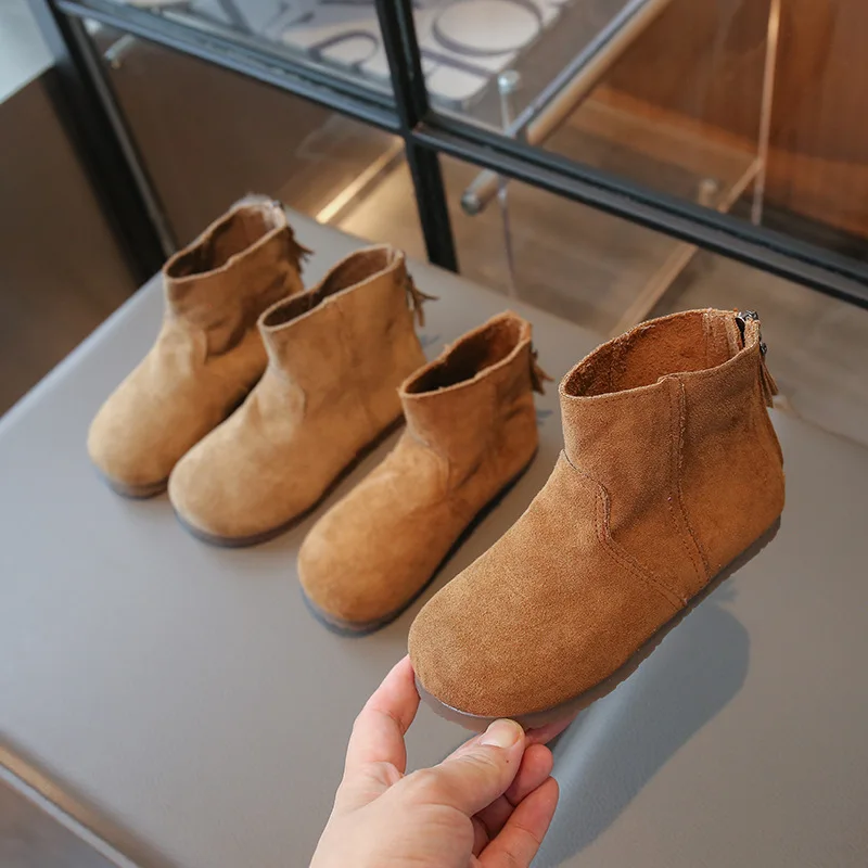 الفتيات أحذية الموضة الخريف الشتاء جديد للأطفال الرجعية الصغار بولي PU جلد الغزال لينة سوليد أحذية أطفال الشقق حجم 23-34