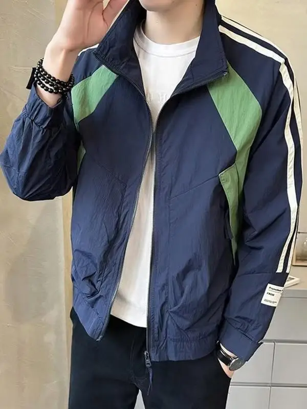 

Spring New Men's Zipper Jaet Loose Fit Thin Sle Stand Collar Workwear Casual Loose Sun Protection Clothes Color Blo
