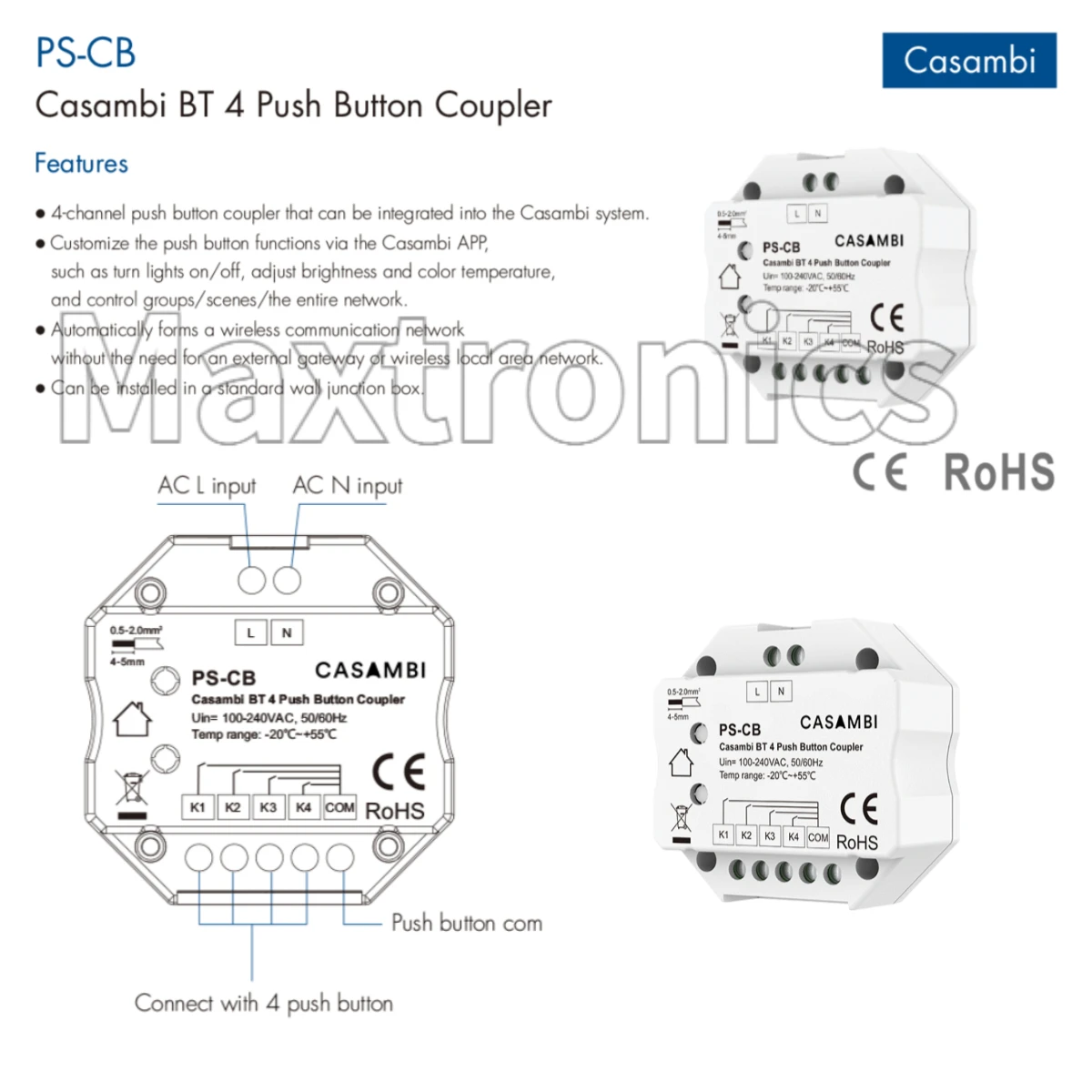 PS-CB Casambi NEW BT 4 Push Button Coupler Skydance APP Smart Control Integrated Into The Casambi System Installed 86 Junction