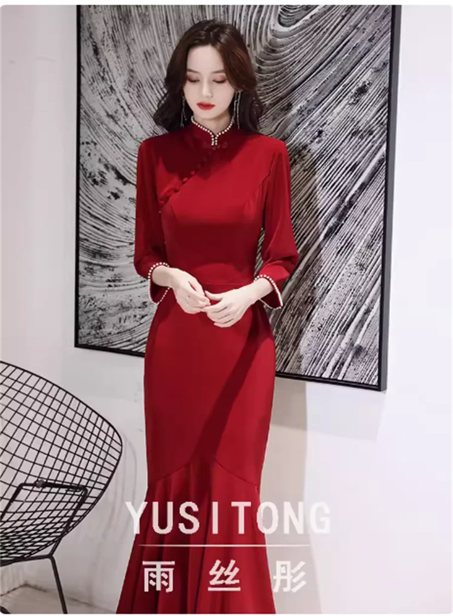 Vinho vermelho chinês retro brinde Vestido, Vestido de casamento cauda da noiva, Saia, Retro