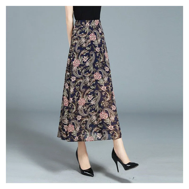 

Half Length Skirt Summer Women A-line Chiffon High Waisted Printed Large Swing Floral Skirt Elegant Female Long Skirts