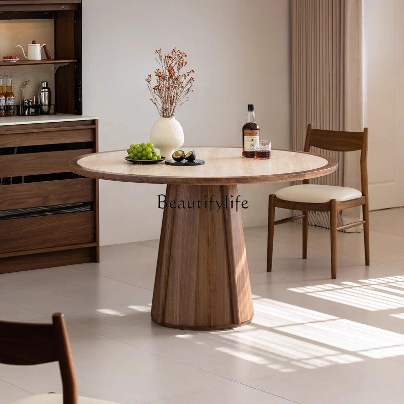 

Travertine rock slab round dining table wabi sand wind North American black walnut household small apartment dining table